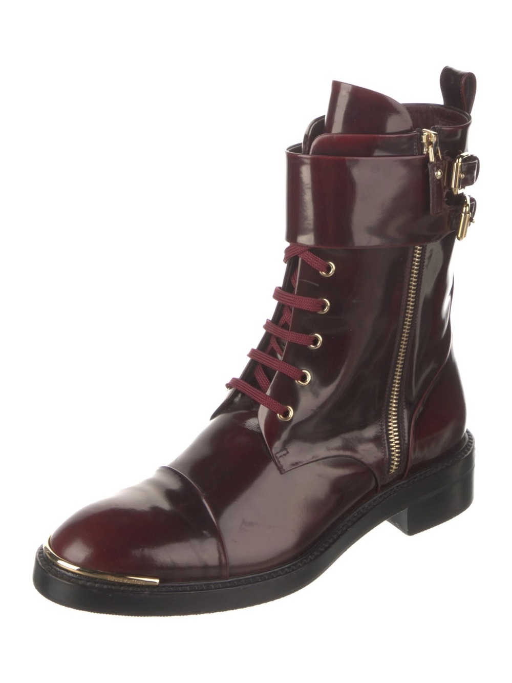Louis Vuitton Burgundy Patent Leather Combat Boot with Gold Hardware